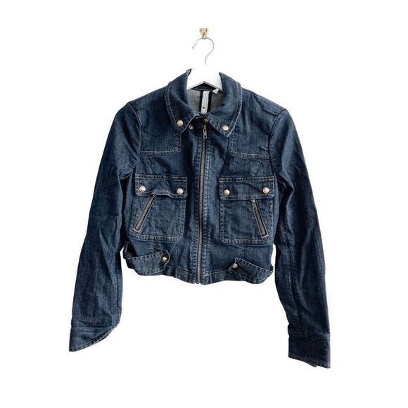 BCBG Maxazria Womens Riley Cropped Jacket Thunder Denim Jean Blue Medium - Picture 1 of 7
